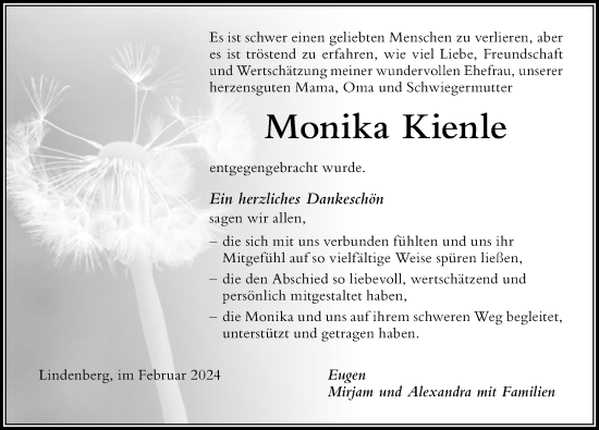 Traueranzeige von Monika Kienle von Der Westallgäuer