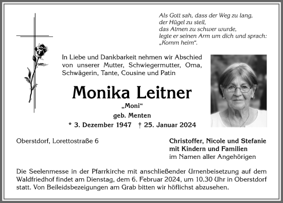 Traueranzeige von Monika Leitner von Allgäuer Anzeigeblatt