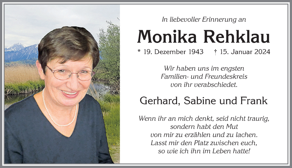  Traueranzeige für Monika Rehklau vom 02.02.2024 aus Allgäuer Zeitung, Marktoberdorf