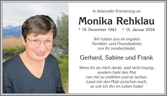 Traueranzeige von Monika Rehklau von Allgäuer Zeitung, Marktoberdorf