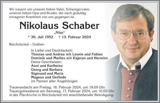 Traueranzeige von Nikolaus Schaber von Allgäuer Zeitung,Kempten