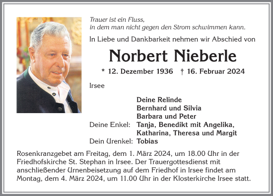 Traueranzeige von Norbert Nieberle von Allgäuer Zeitung, Kaufbeuren/Buchloe