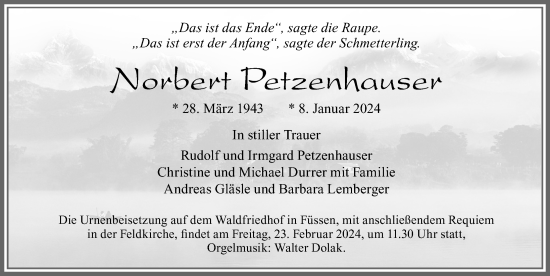 Traueranzeige von Norbert Petzenhauser von Allgäuer Zeitung, Füssen