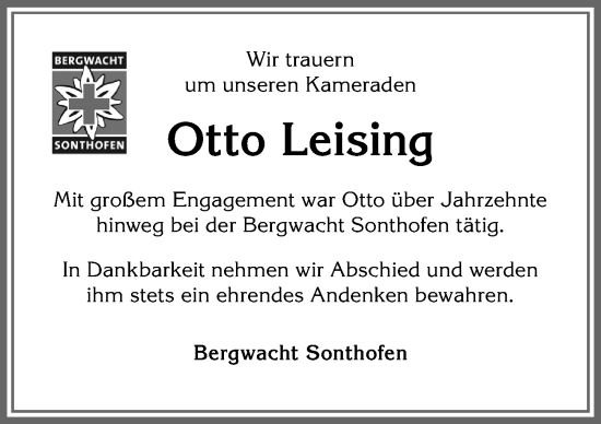 Traueranzeige von Otto Leising von Allgäuer Anzeigeblatt