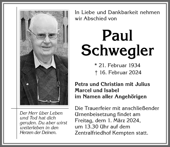 Traueranzeige von Paul Schwegler von Allgäuer Zeitung,Kempten