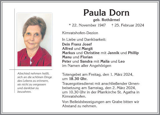 Traueranzeige von Paula Dorn von Allgäuer Zeitung,Kempten