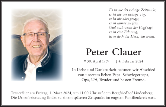 Traueranzeige von Peter Clauer von Der Westallgäuer