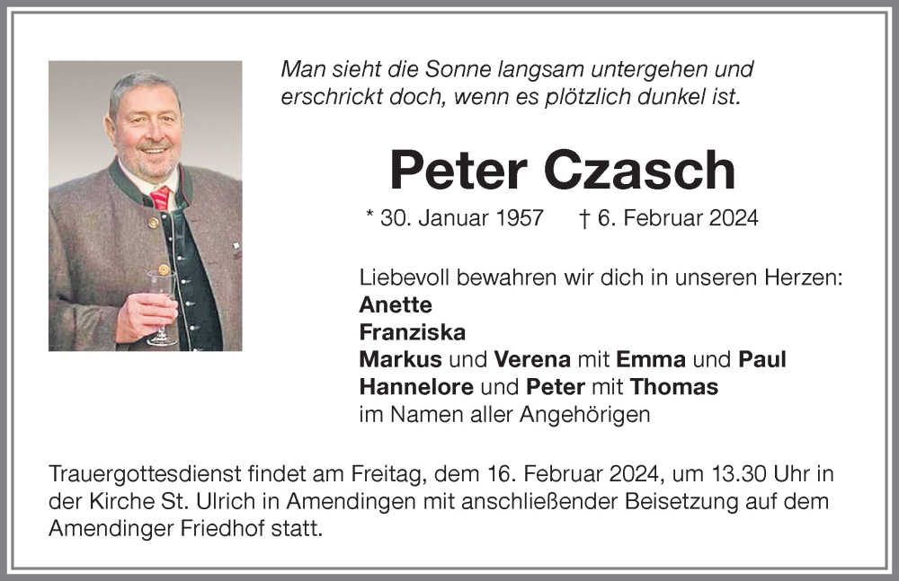  Traueranzeige für Peter Czasch vom 10.02.2024 aus Memminger Zeitung