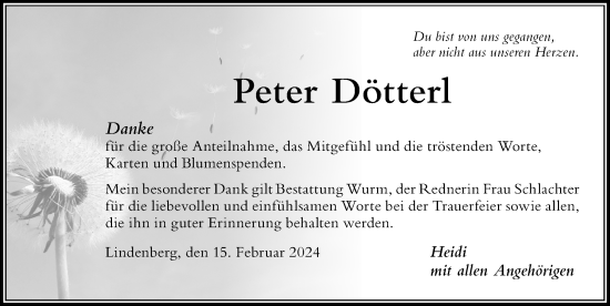 Traueranzeige von Peter Dötterl von Der Westallgäuer