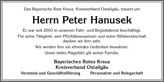 Traueranzeige von Peter Hanusek von Allgäuer Zeitung, Kaufbeuren/Buchloe