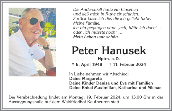 Traueranzeige von Peter Hanusek von Allgäuer Zeitung, Kaufbeuren/Buchloe