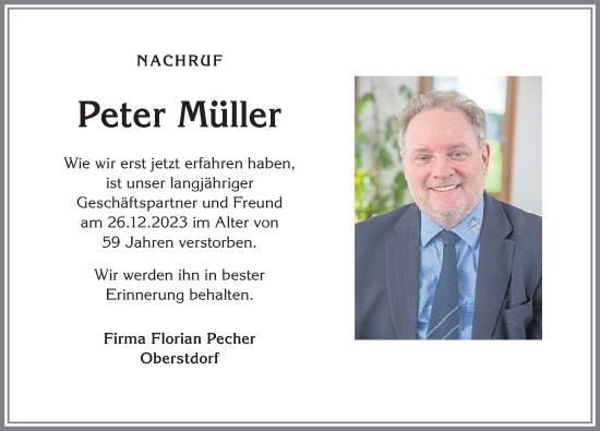 Traueranzeige von Peter Müller von Allgäuer Anzeigeblatt