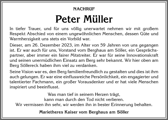 Traueranzeige von Peter Müller von Allgäuer Anzeigeblatt