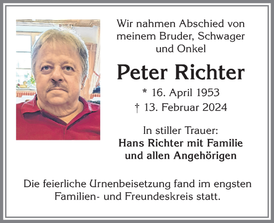 Traueranzeige von Peter Richter von Allgäuer Zeitung, Kaufbeuren/Buchloe