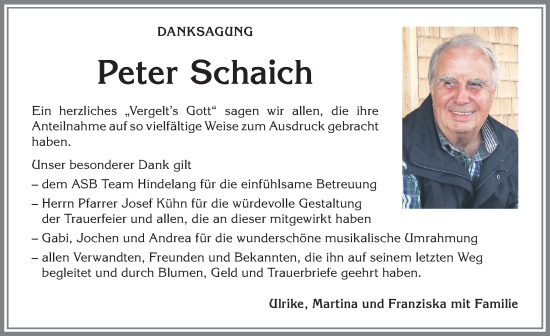 Traueranzeige von Peter Schaich von Allgäuer Anzeigeblatt