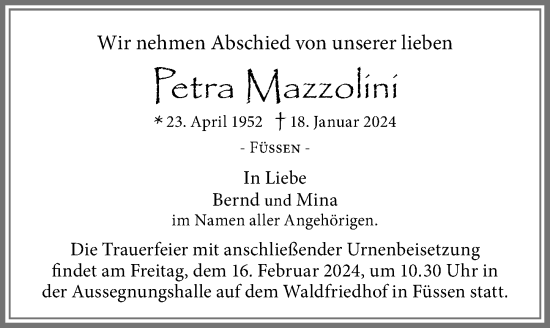 Traueranzeige von Petra Mazzolini von Allgäuer Zeitung, Füssen
