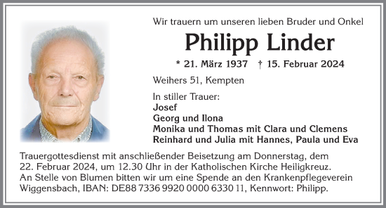 Traueranzeige von Philipp Linder von Allgäuer Zeitung,Kempten