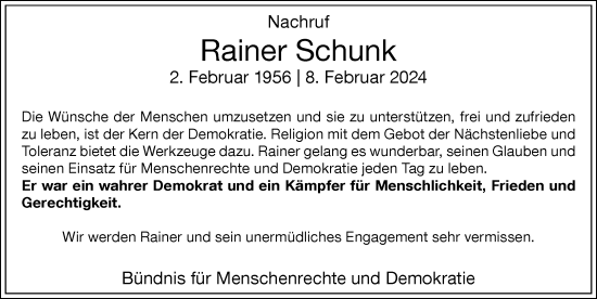 Traueranzeige von Rainer Schunk von Memminger Zeitung