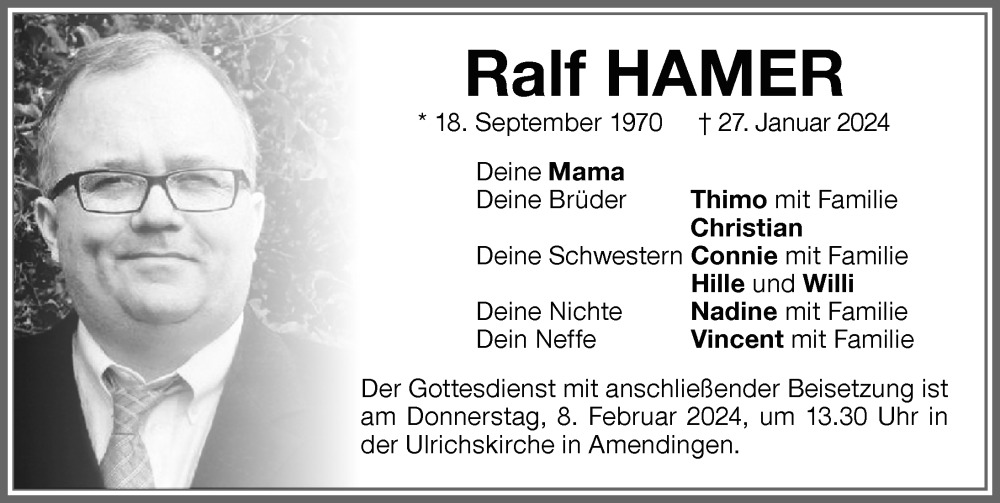  Traueranzeige für Ralf Hamer vom 03.02.2024 aus Memminger Zeitung