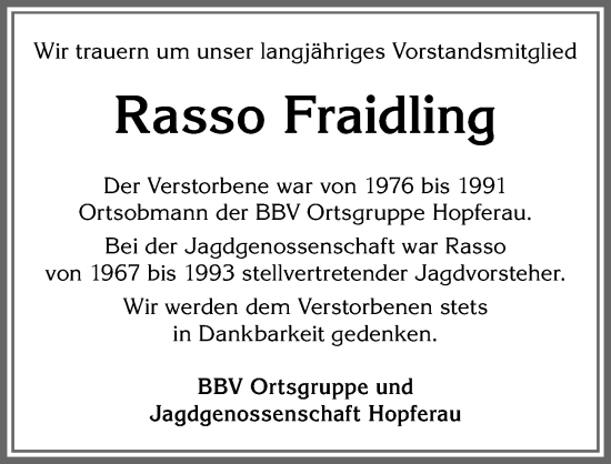 Traueranzeige von Rasso Fraidling von Allgäuer Zeitung, Füssen