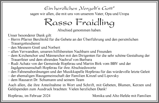 Traueranzeige von Rasso Fraidling von Allgäuer Zeitung, Füssen