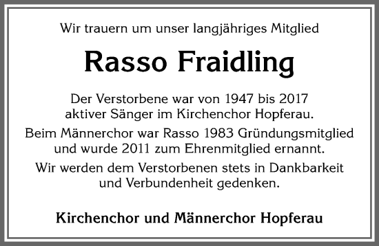 Traueranzeige von Rasso Fraidling von Allgäuer Zeitung, Füssen