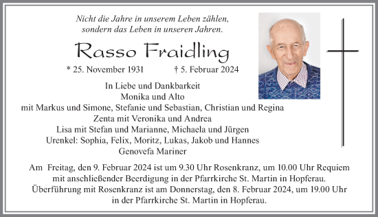 Traueranzeige von Rasso Fraidling von Allgäuer Zeitung, Füssen