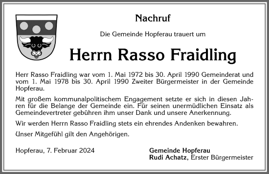 Traueranzeige von Rasso Fraidling von Allgäuer Zeitung, Füssen