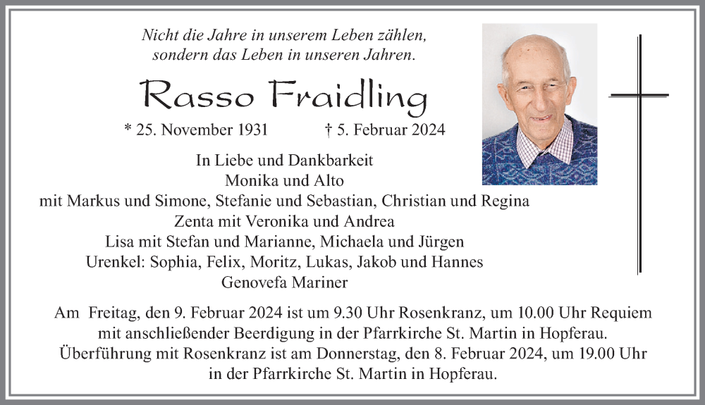  Traueranzeige für Rasso Fraidling vom 07.02.2024 aus Allgäuer Zeitung, Füssen