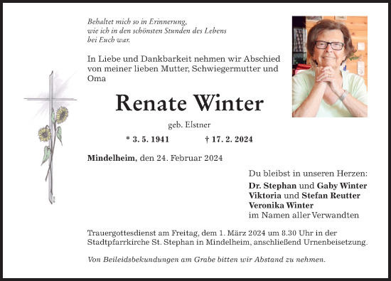 Traueranzeige von Renate Winter von Allgäuer Zeitung, Kaufbeuren/Buchloe
