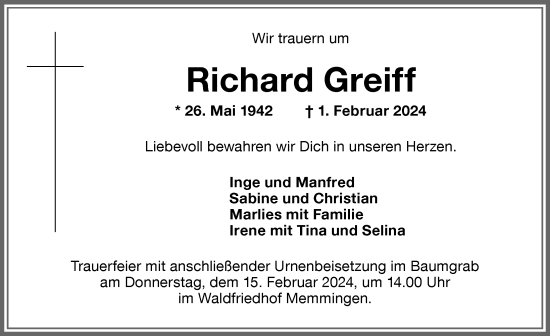 Traueranzeige von Richard Greiff von Memminger Zeitung