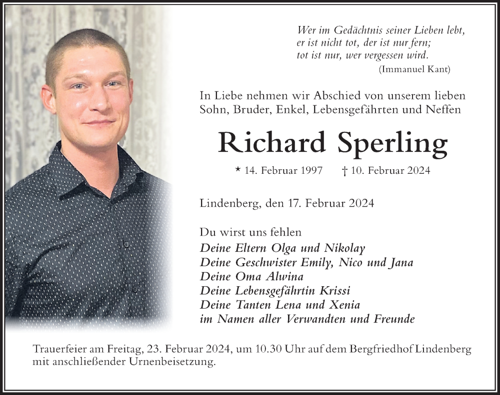  Traueranzeige für Richard Sperling vom 17.02.2024 aus Der Westallgäuer