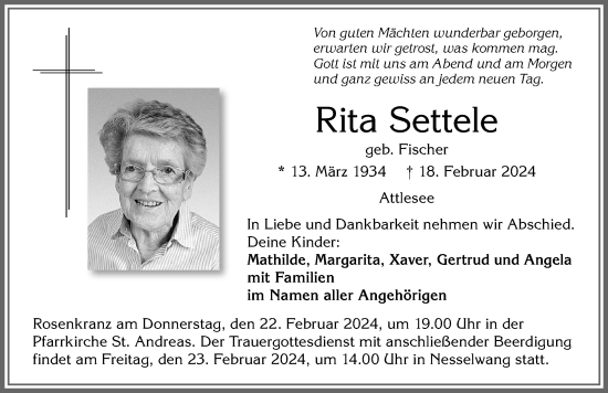 Traueranzeige von Rita Settele von Allgäuer Zeitung, Füssen