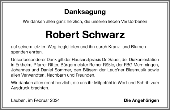 Traueranzeige von Robert Schwarz von Memminger Zeitung