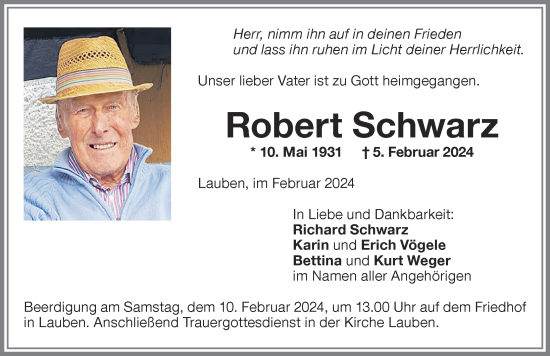 Traueranzeige von Robert Schwarz von Memminger Zeitung