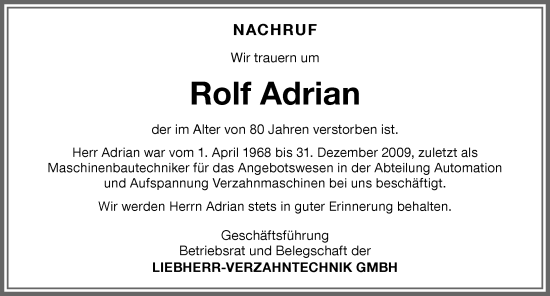 Traueranzeige von Rolf Adrian von Allgäuer Zeitung,Kempten