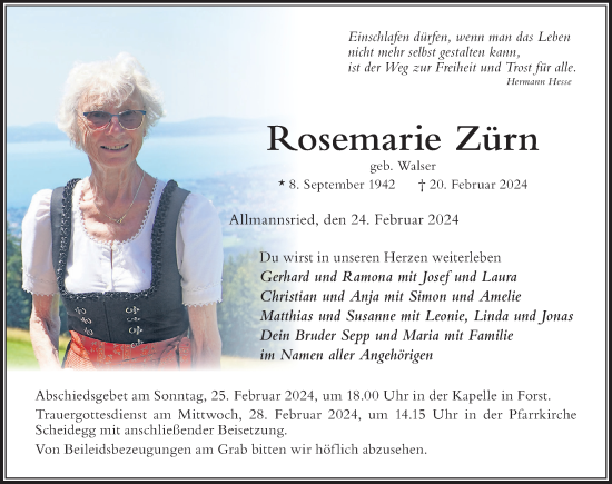 Traueranzeige von Rosemarie Zürn von Der Westallgäuer