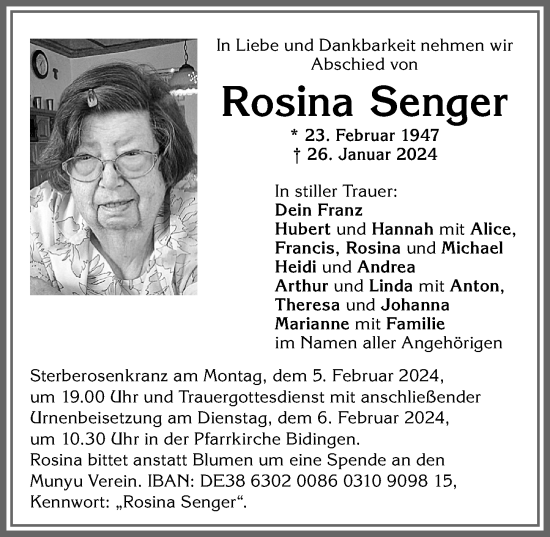Traueranzeige von Rosina Senger von Allgäuer Zeitung, Marktoberdorf