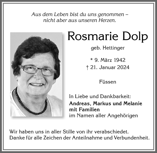 Traueranzeige von Rosmarie Dolp von Allgäuer Zeitung, Füssen