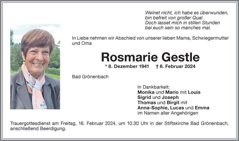  Traueranzeige für Rosmarie Gestle vom 10.02.2024 aus Memminger Zeitung