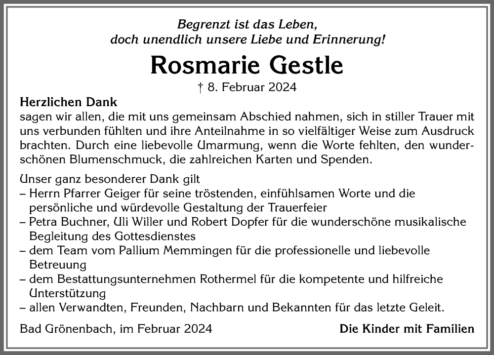  Traueranzeige für Rosmarie Gestle vom 24.02.2024 aus Memminger Zeitung