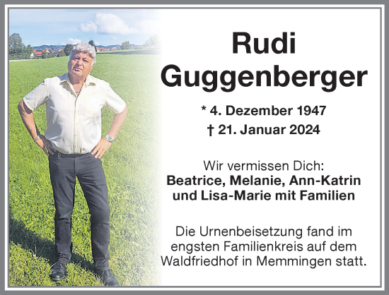 Traueranzeige von Rudi Guggenberger von Memminger Zeitung