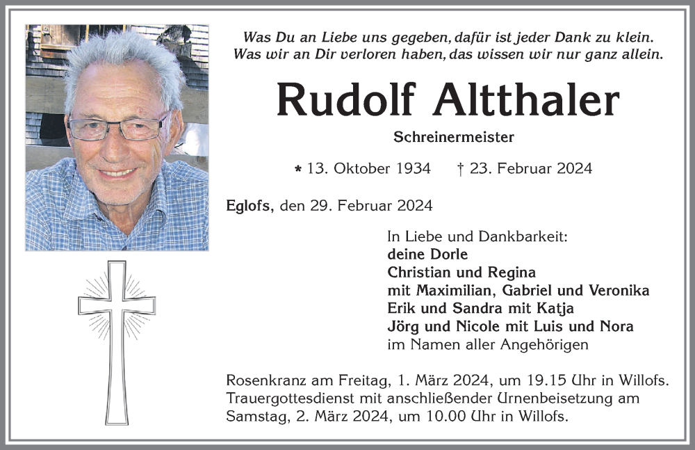  Traueranzeige für Rudolf Altthaler vom 29.02.2024 aus Allgäuer Zeitung, Marktoberdorf