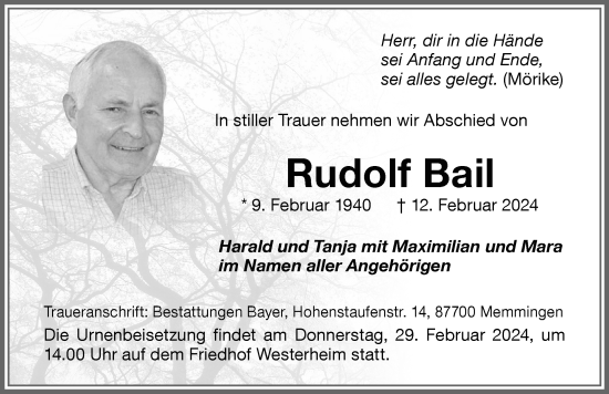 Traueranzeige von Rudolf Bail von Memminger Zeitung