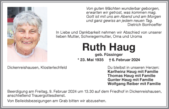 Traueranzeige von Ruth Haug von Memminger Zeitung