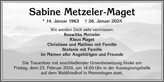 Traueranzeige von Sabine Metzeler-Maget von Memminger Zeitung