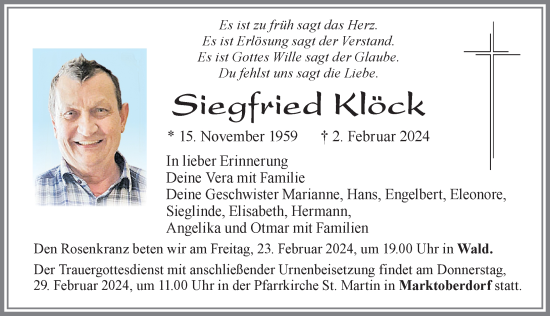 Traueranzeige von Siegfried Klöck von Allgäuer Zeitung, Marktoberdorf