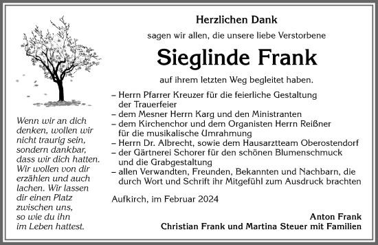 Traueranzeige von Sieglinde Frank von Allgäuer Zeitung, Kaufbeuren/Buchloe