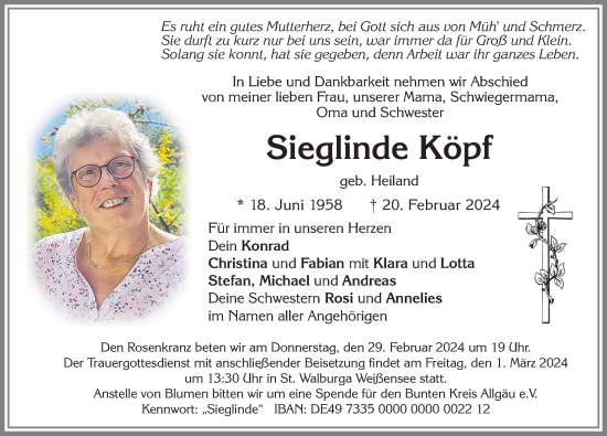 Traueranzeige von Sieglinde Köpf von Allgäuer Zeitung, Füssen