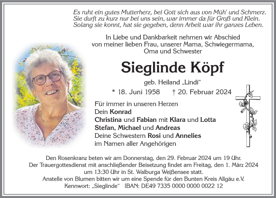 Traueranzeige von Sieglinde Köpf von Allgäuer Zeitung, Marktoberdorf